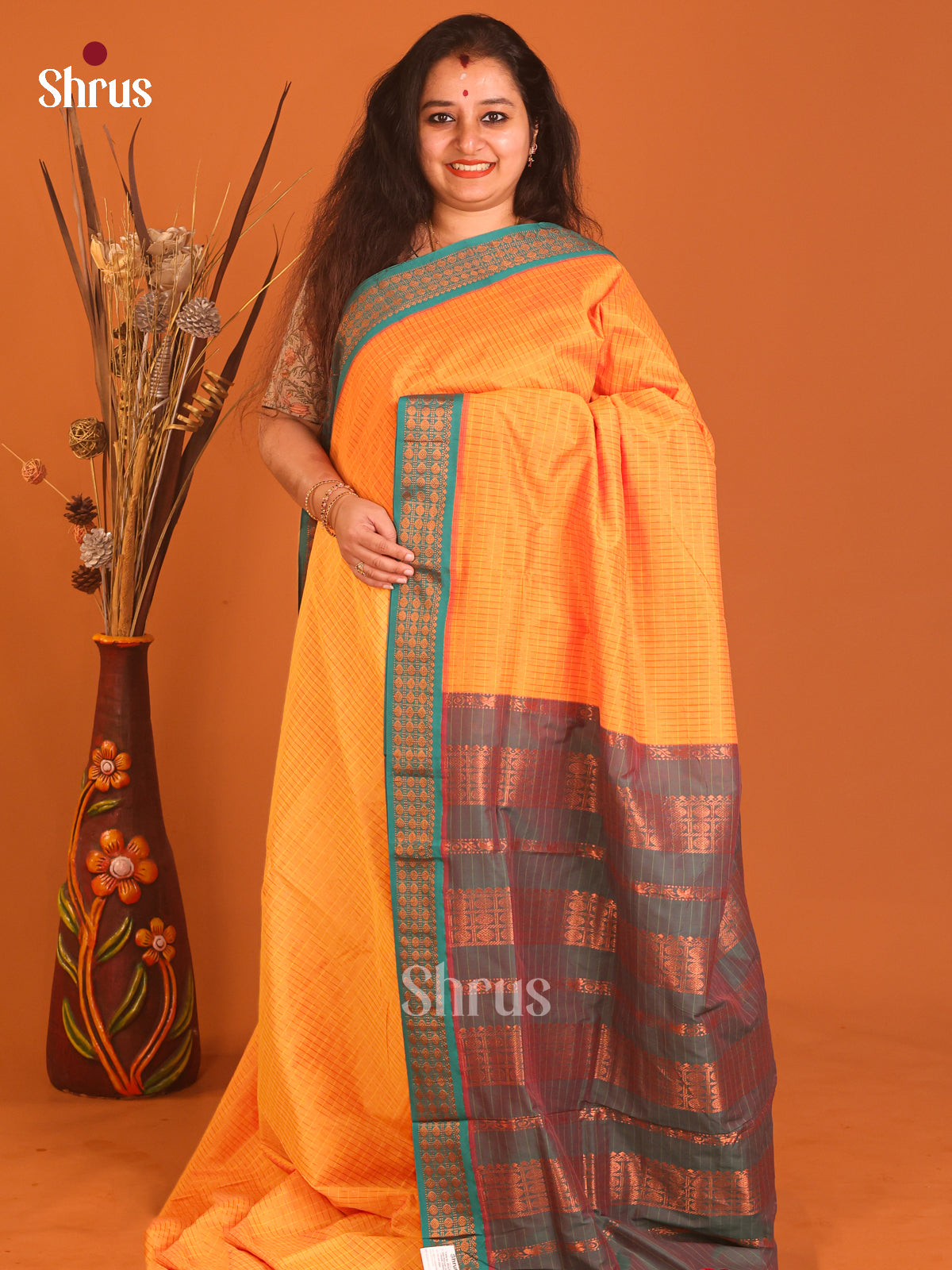 Mustard & Double shaded Blue - Kalyani Cotton Saree