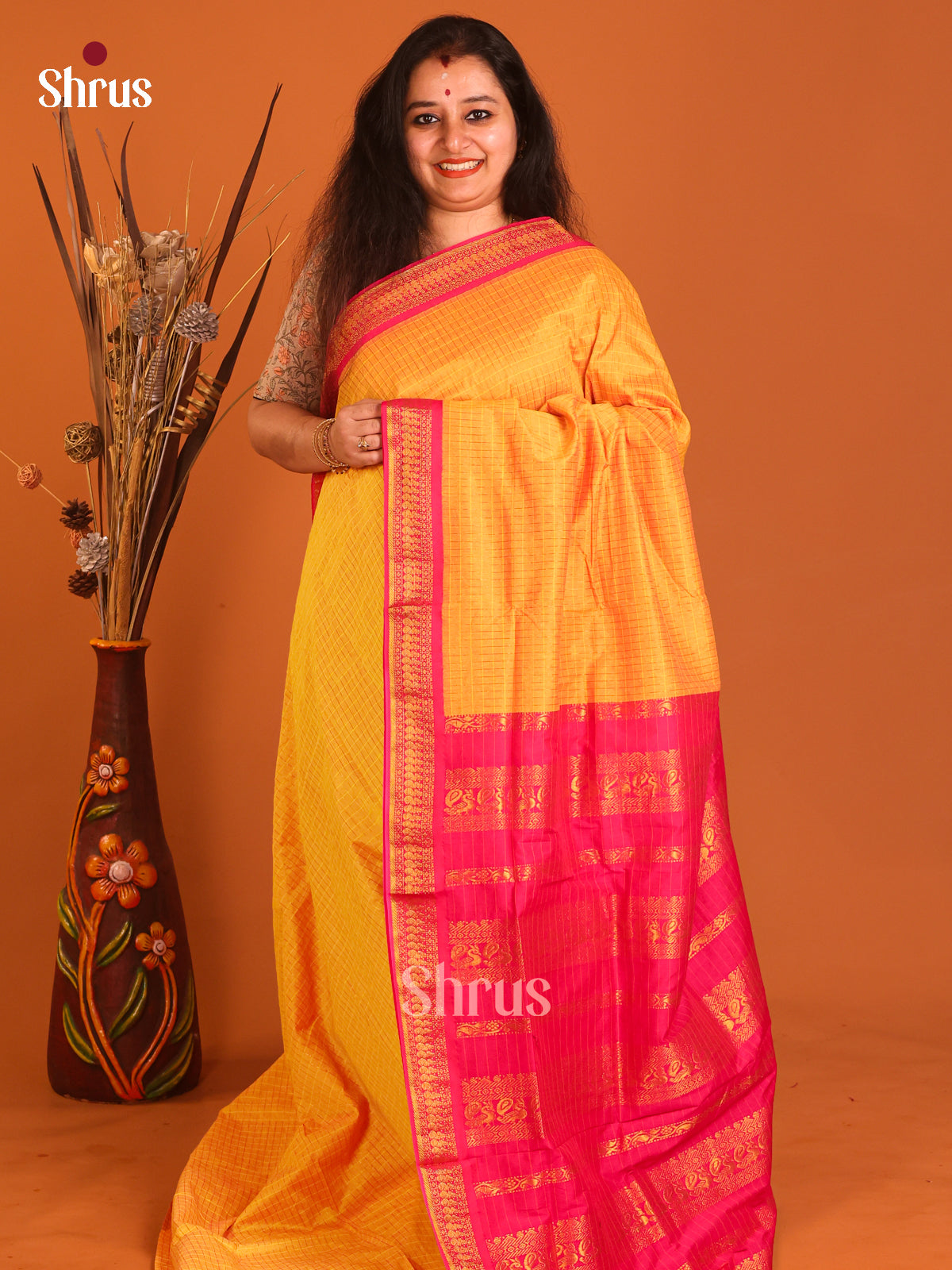 Yellow & Pink- Kalyani Cotton Saree - Shop on Shrus.com
