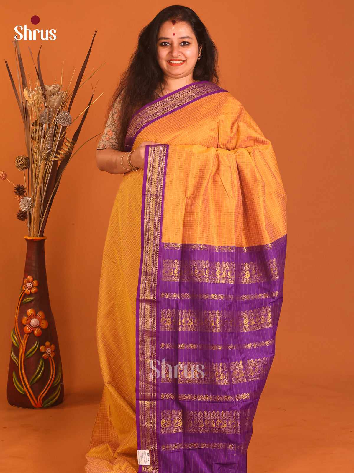 Orange & Violet- Kalyani Cotton Saree - Shop on Shrus.com
