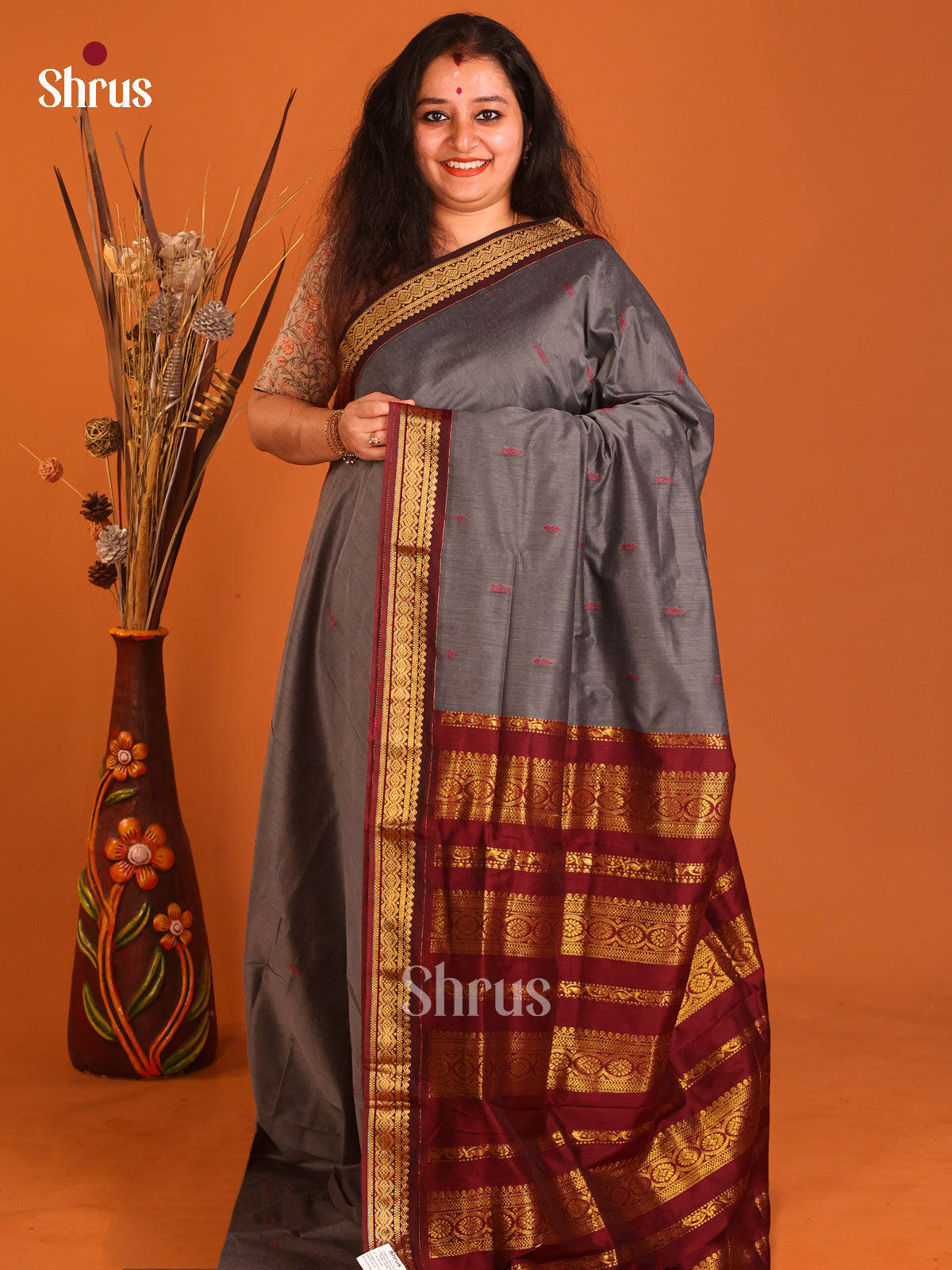 Grey & Maroon - Kalyani Cotton Saree - Shop on Shrus.com