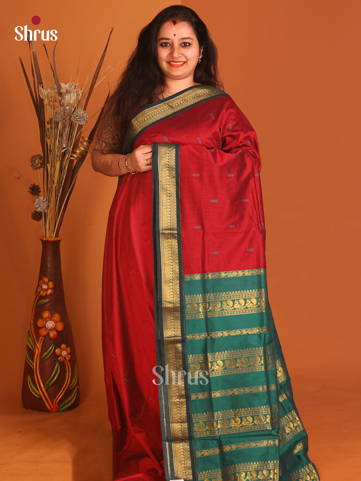 Red & Green - Kalyani Cotton Saree - Shop on Shrus.com