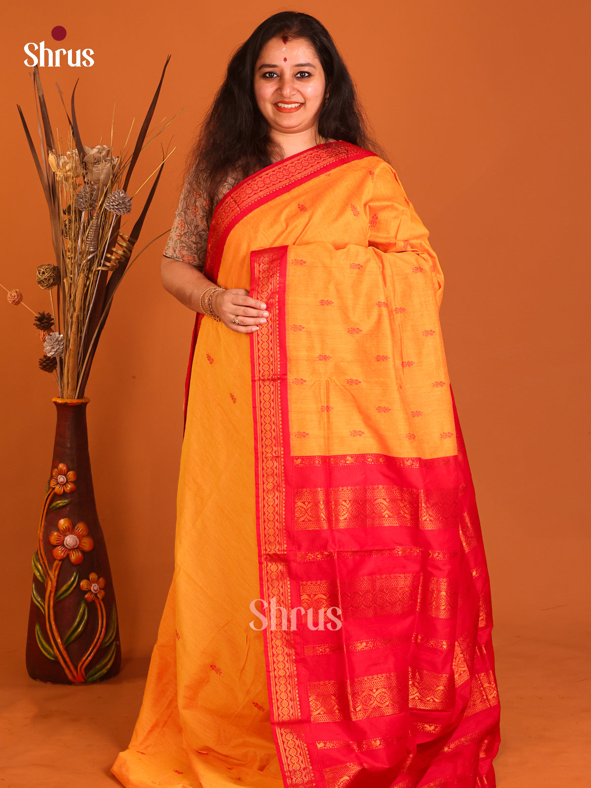 Yellow & Red- Kalyani Cotton Saree - Shop on Shrus.com
