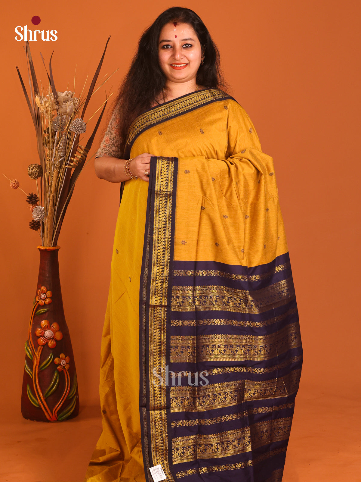Mustard & Blue- Kalyani Cotton Saree - Shop on Shrus.com