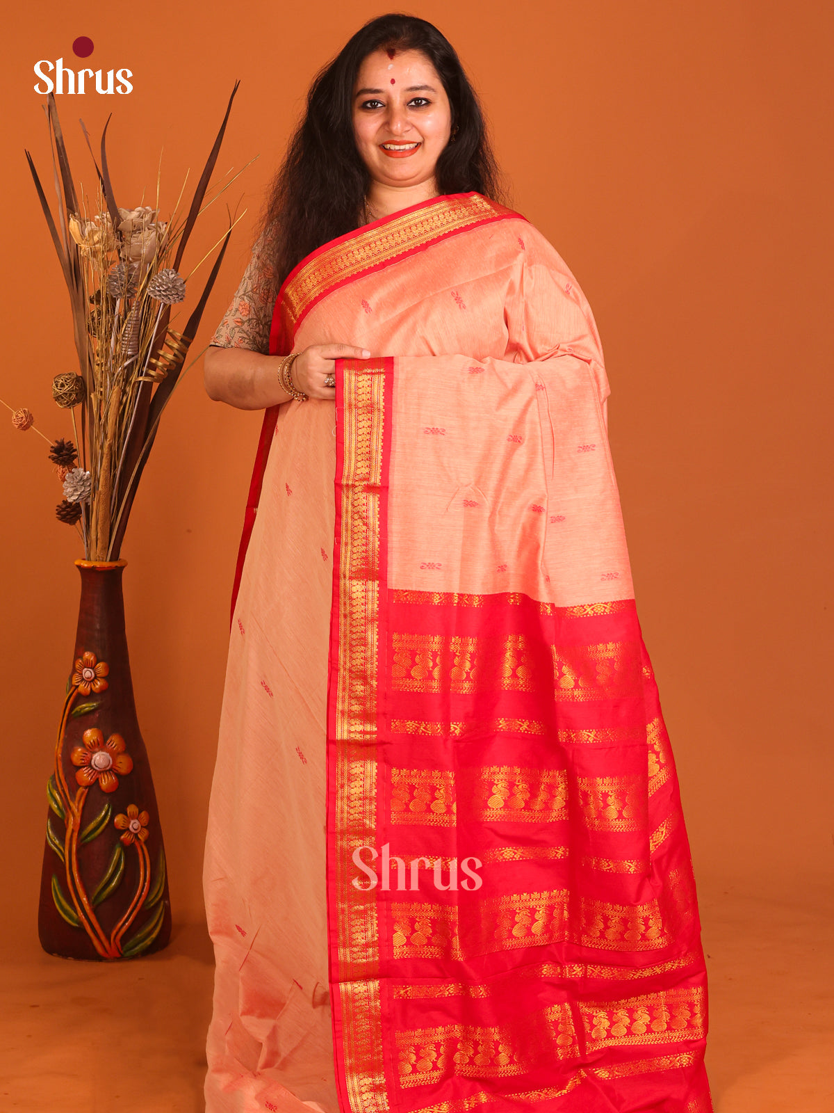 Peach & Red - Kalyani Cotton Saree - Shop on Shrus.com