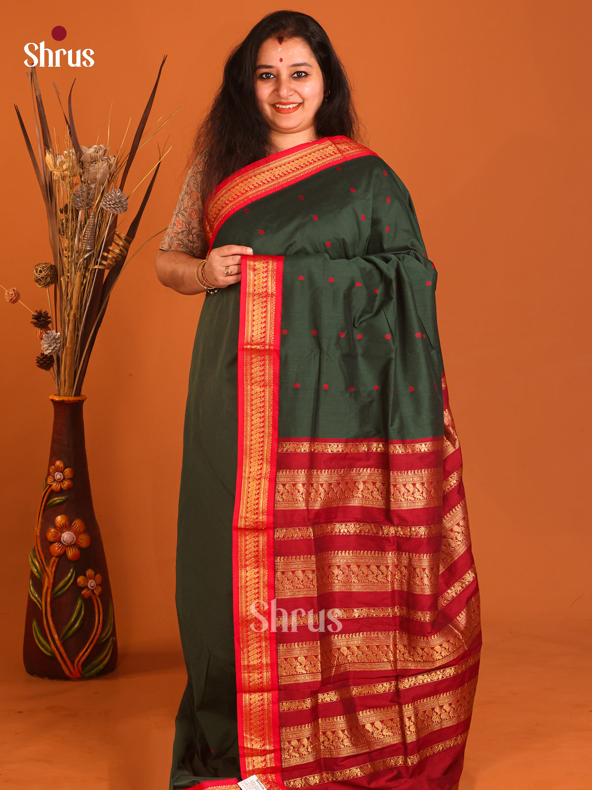 Dark Green & Maroon - Kalyani Cotton Saree