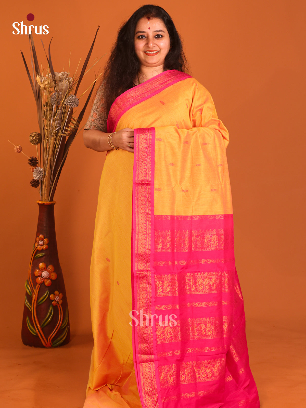 Yellow & Pink- Kalyani Cotton Saree - Shop on Shrus.com