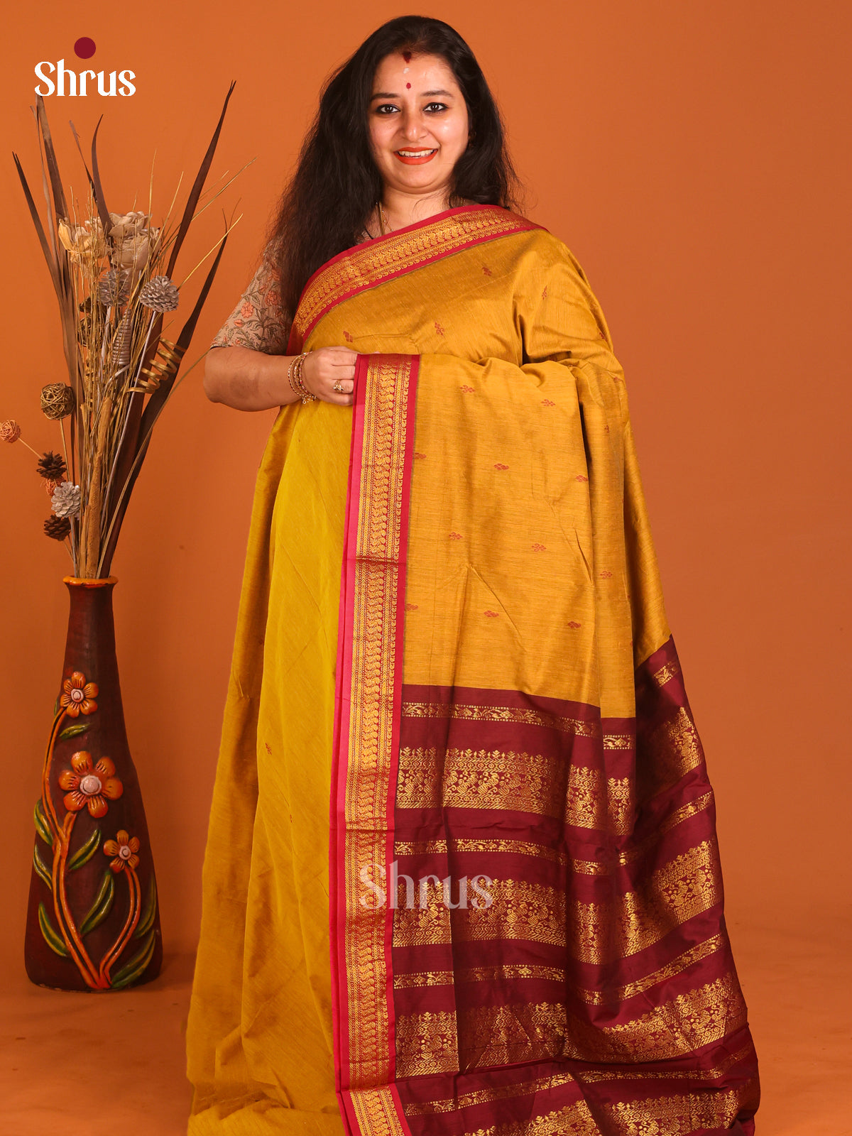 Mustard & Maroon - Kalyani Cotton Saree - Shop on Shrus.com