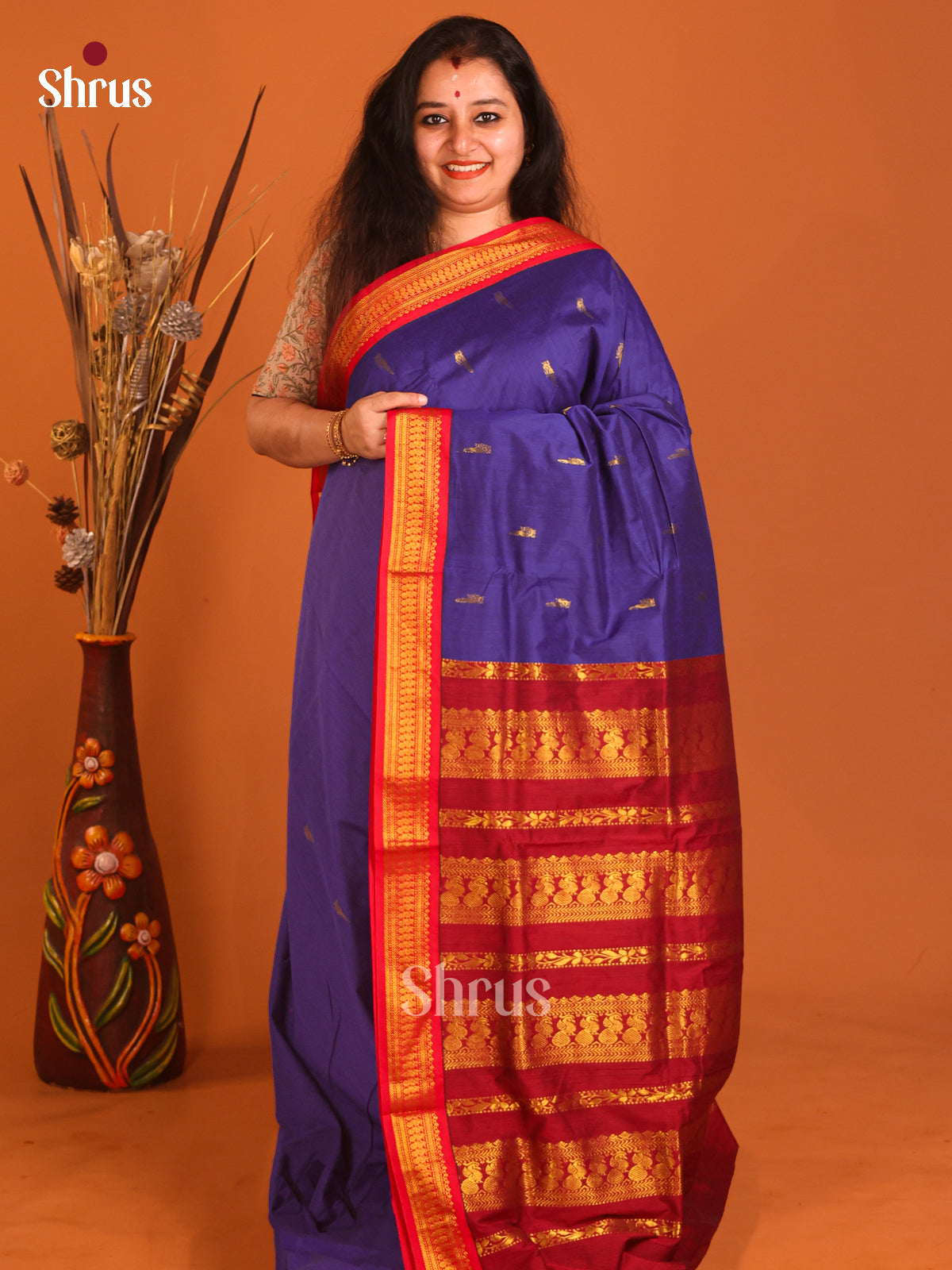 Blue & Maroon - Kalyani Cotton Saree