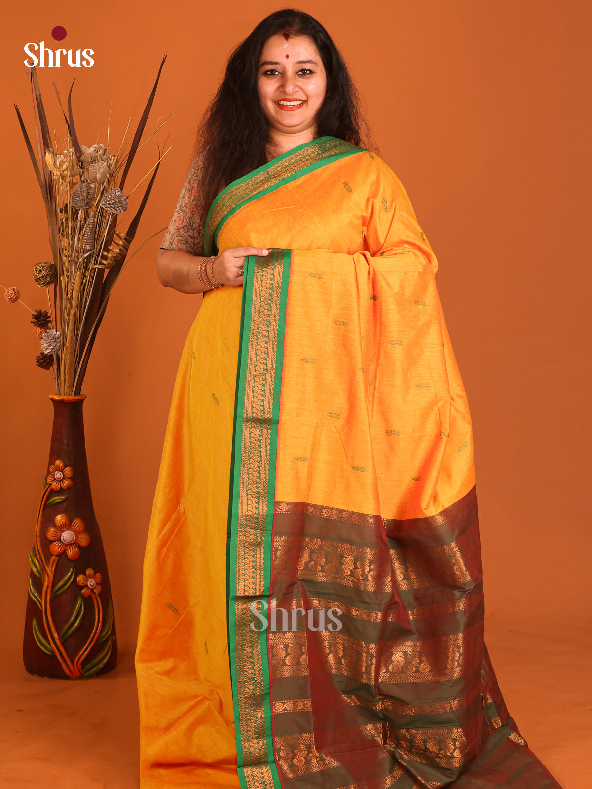 Yellow & Green- Kalyani Cotton Saree - Shop on Shrus.com