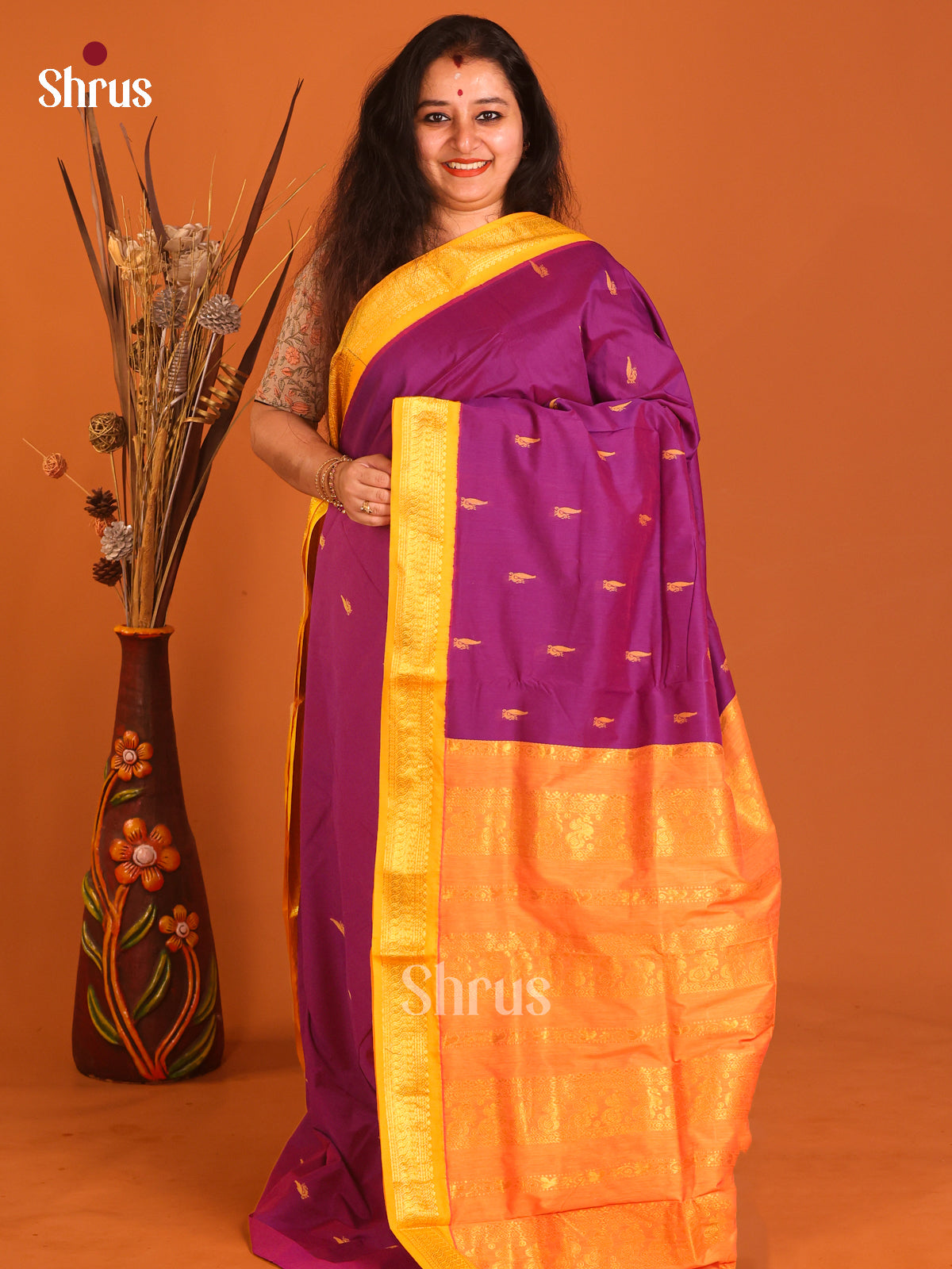 Violet & Yellow - Kalyani Cotton Saree - Shop on Shrus.com