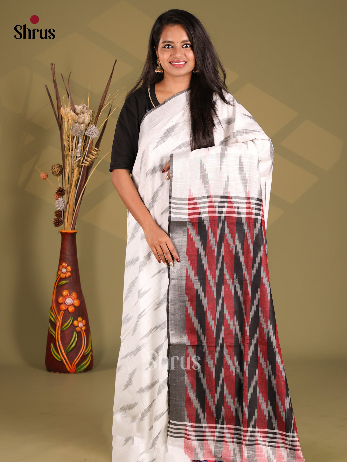 White & Grey Semi Ikkat Saree - Shop on Shrus.com