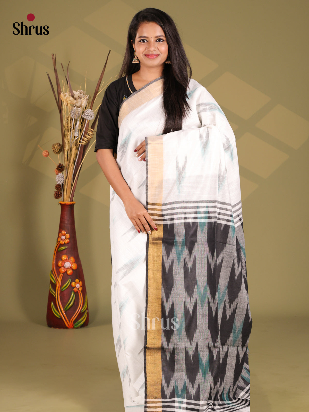 White & Grey - Semi Ikkat Saree - Shop on Shrus.com