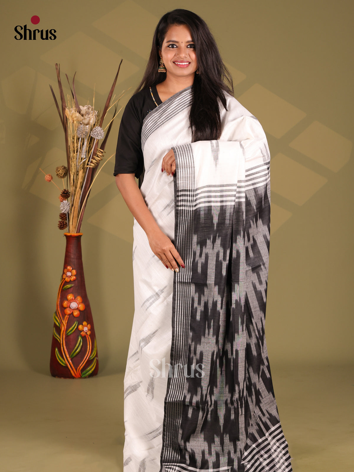 White & Grey - Semi Ikkat Saree - Shop on Shrus.com