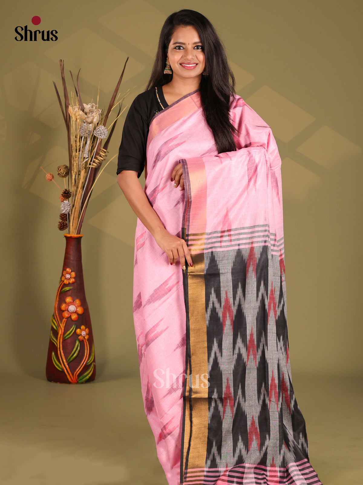 Pink & Grey - Semi Ikkat Saree - Shop on Shrus.com