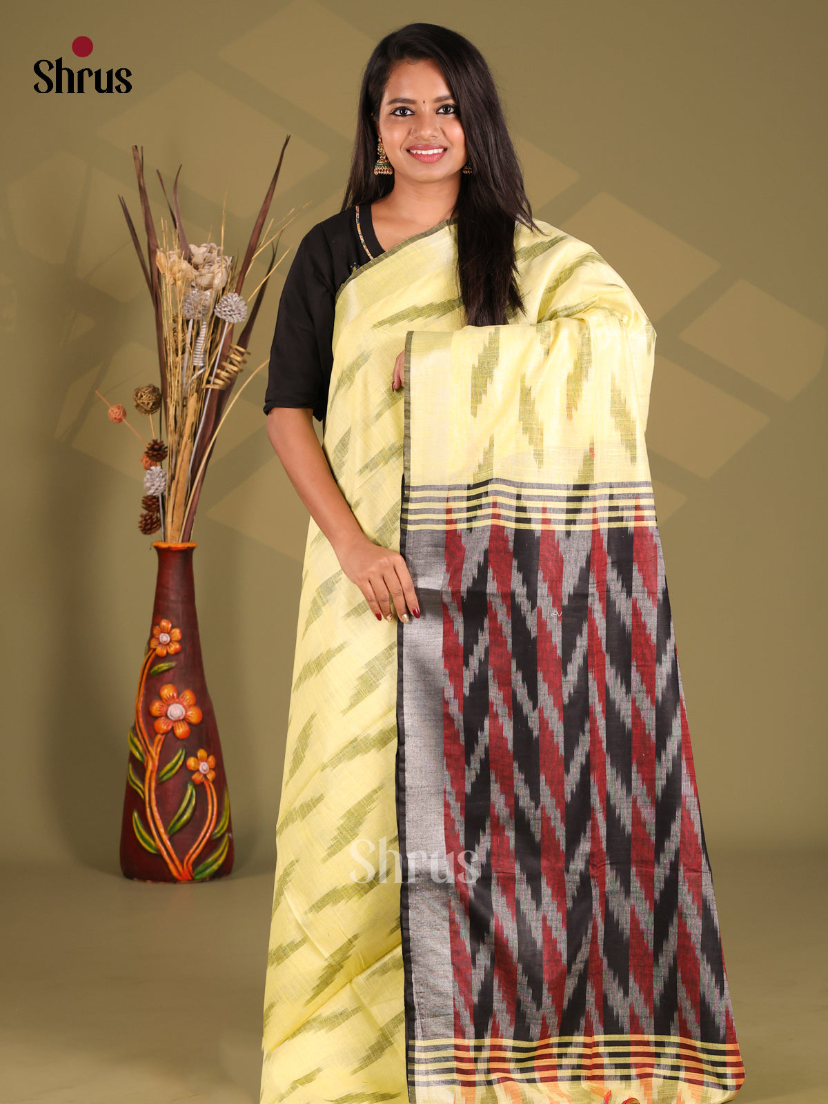 Yellow & Grey - Semi Ikkat Saree - Shop on Shrus.com