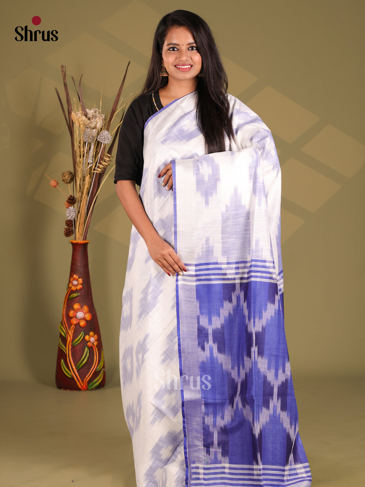 White & Blue- Semi Ikkat Saree - Shop on Shrus.com