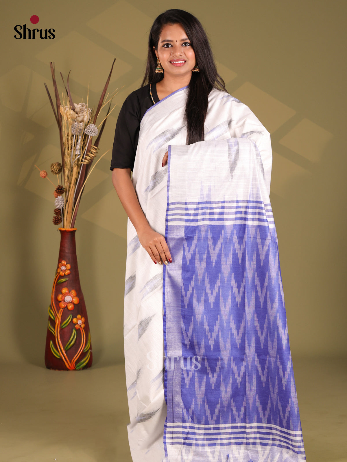 White & Blue- Semi Ikkat Saree - Shop on Shrus.com