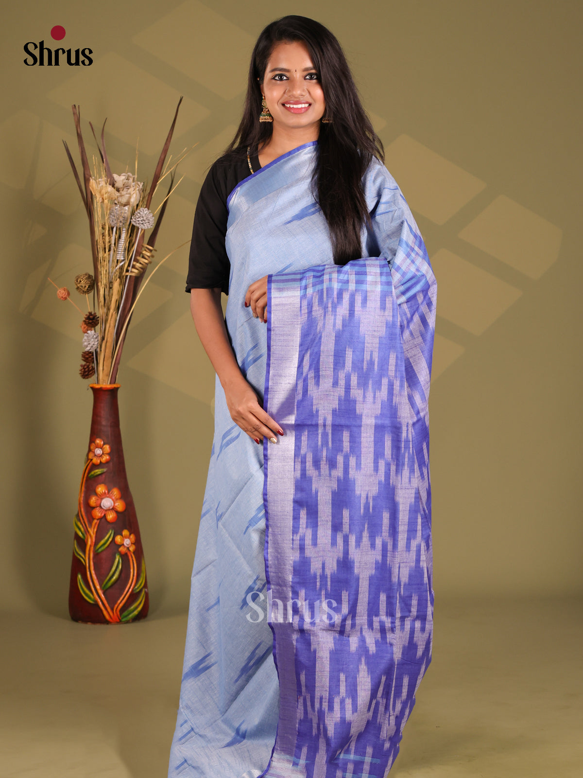 Blue & Purple - Semi Ikkat Saree