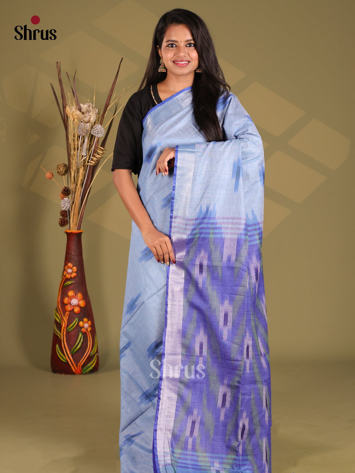 Lite Blue & Blue - Semi Ikkat Saree - Shop on Shrus.com