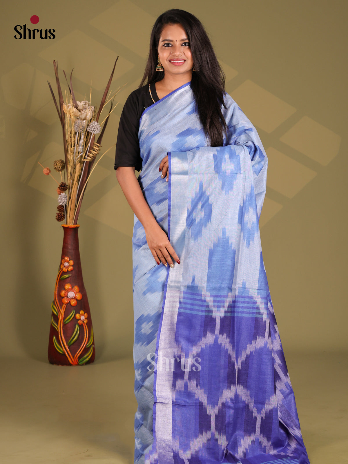 Lite Blue & Blue- Semi Ikkat Saree - Shop on Shrus.com