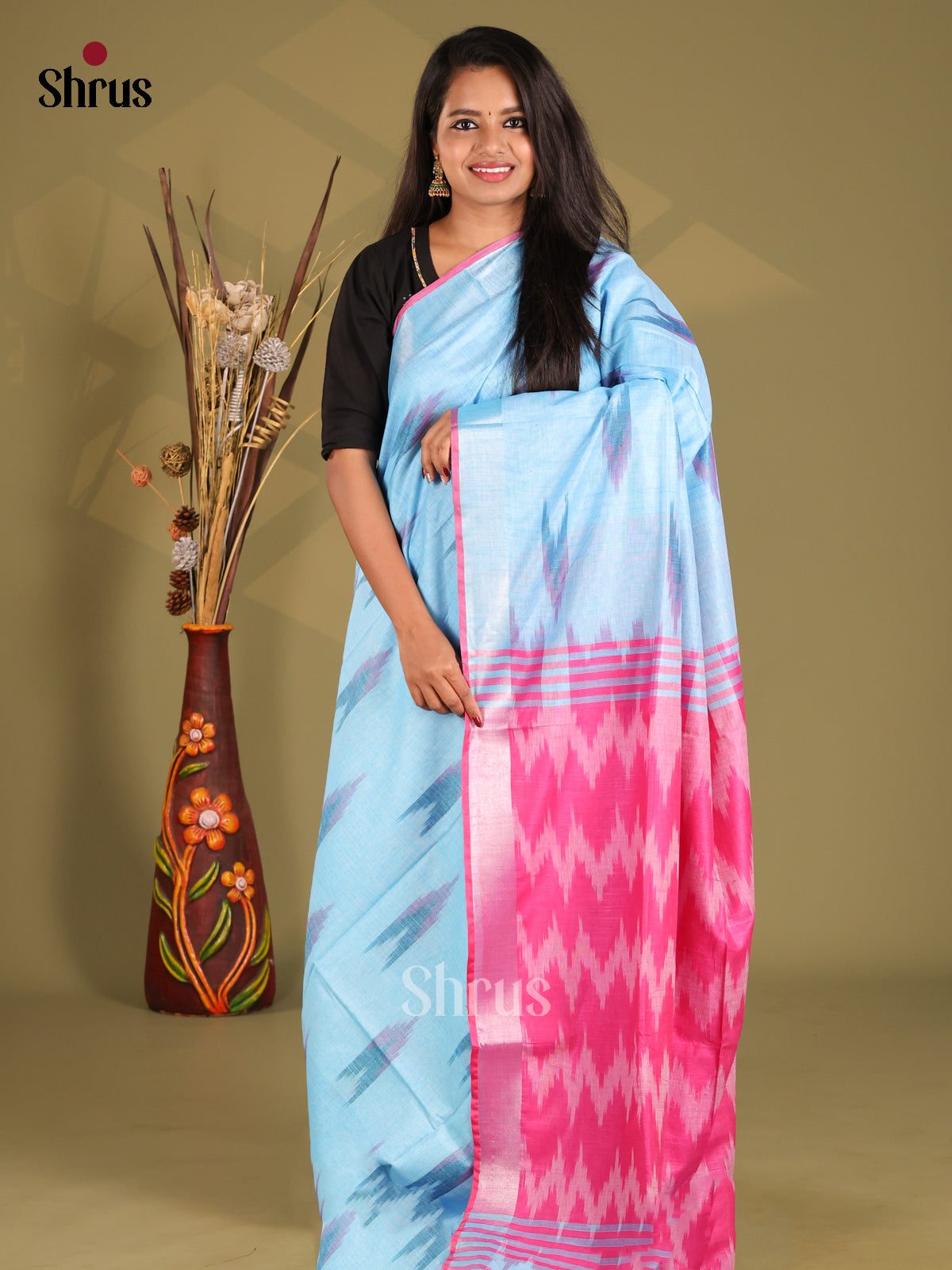 Pastel Blue & Pink - Semi Ikkat Saree - Shop on Shrus.com