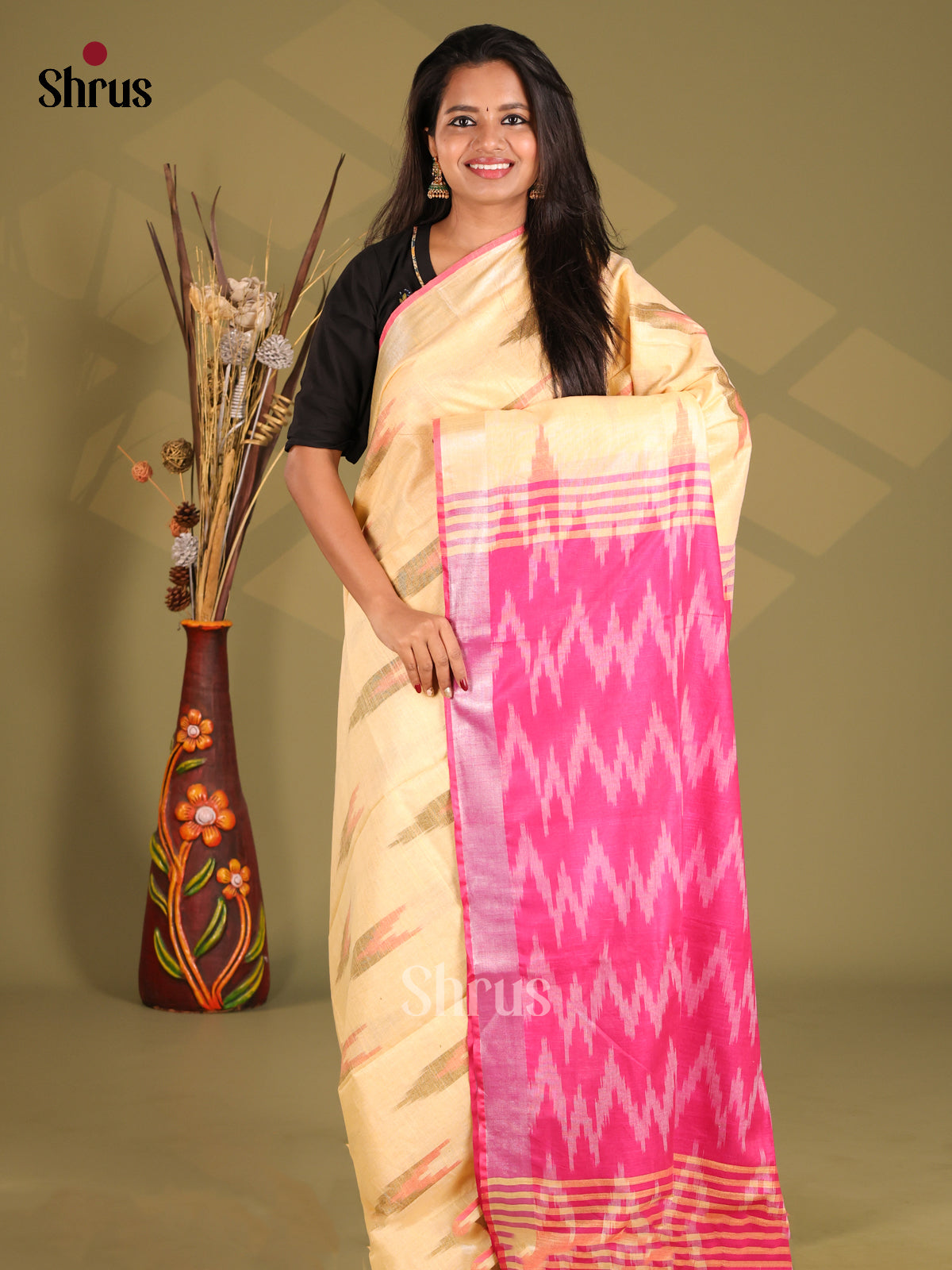 Pale Yellow & Pink - Semi Ikkat Saree - Shop on Shrus.com