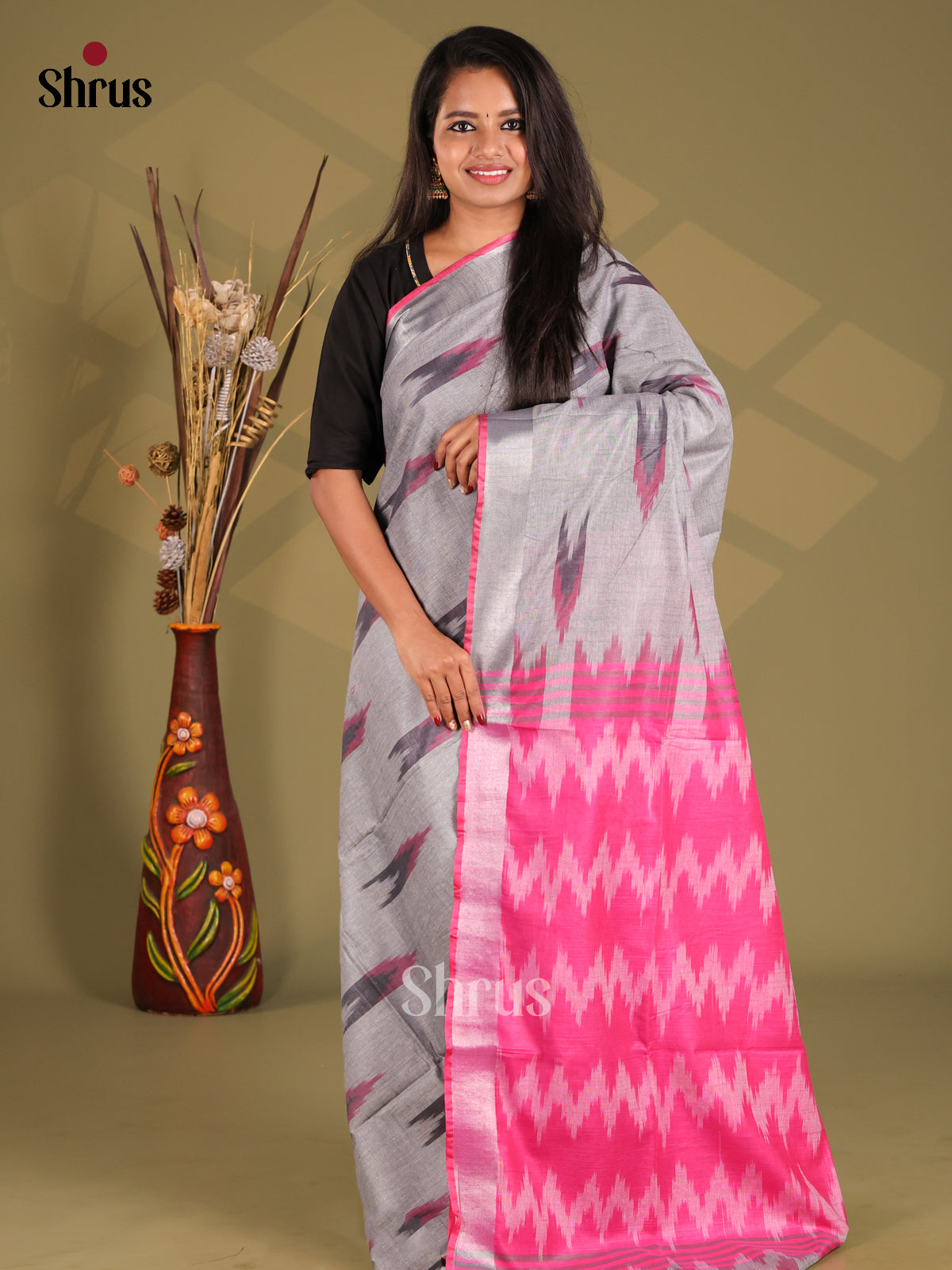 Grey & Pink - Semi Ikkat Saree - Shop on Shrus.com