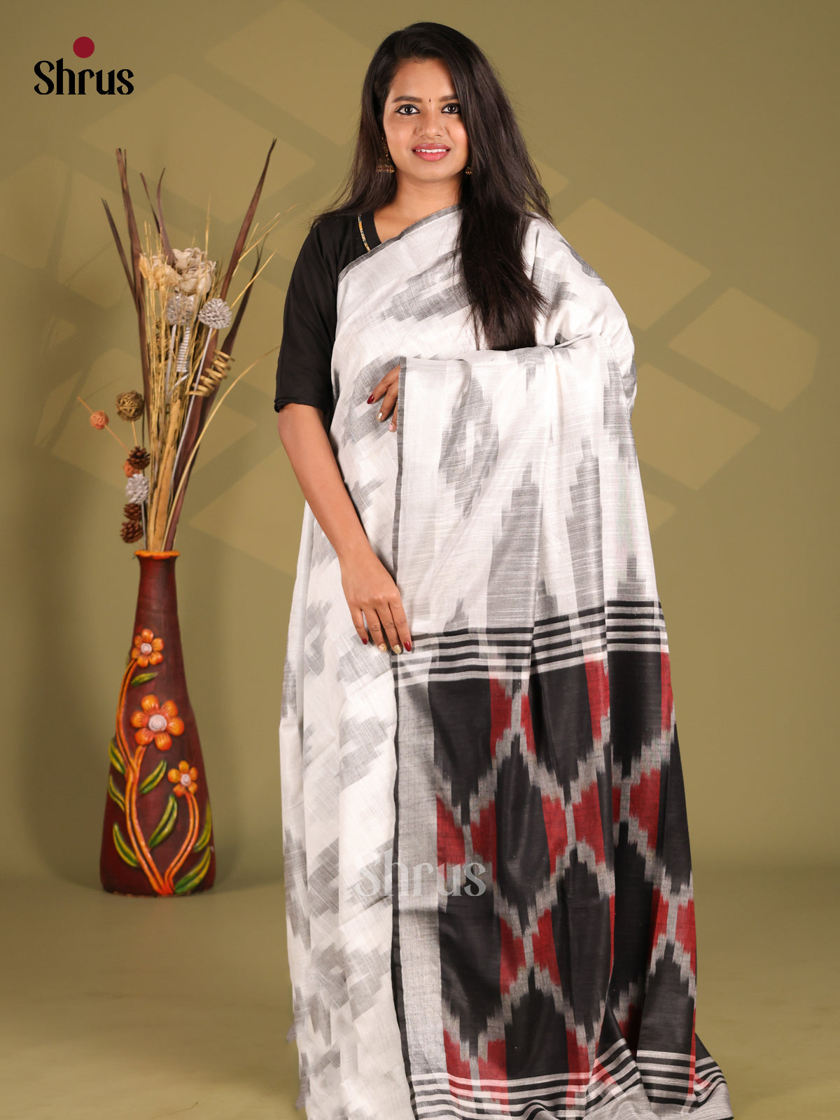 White & Black - Semi Ikkat Saree - Shop on Shrus.com