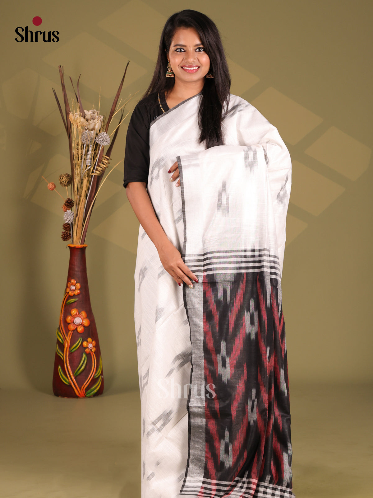 White & Black - Semi Ikkat Saree - Shop on Shrus.com