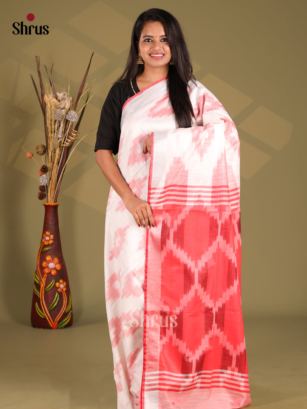 White & Red - Semi Ikkat Saree