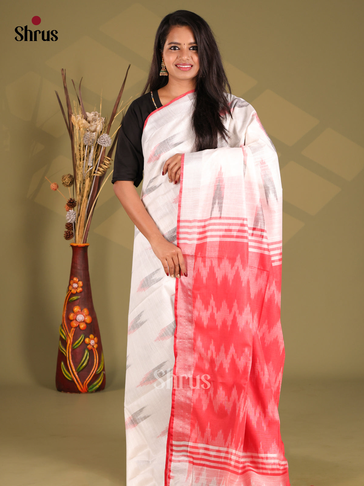White & Red- Semi Ikkat Saree - Shop on Shrus.com