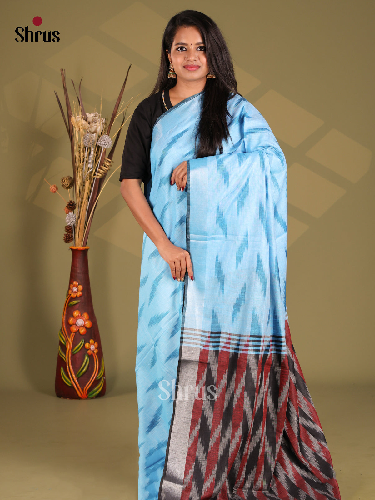 Blue & Grey- Semi Ikkat Saree