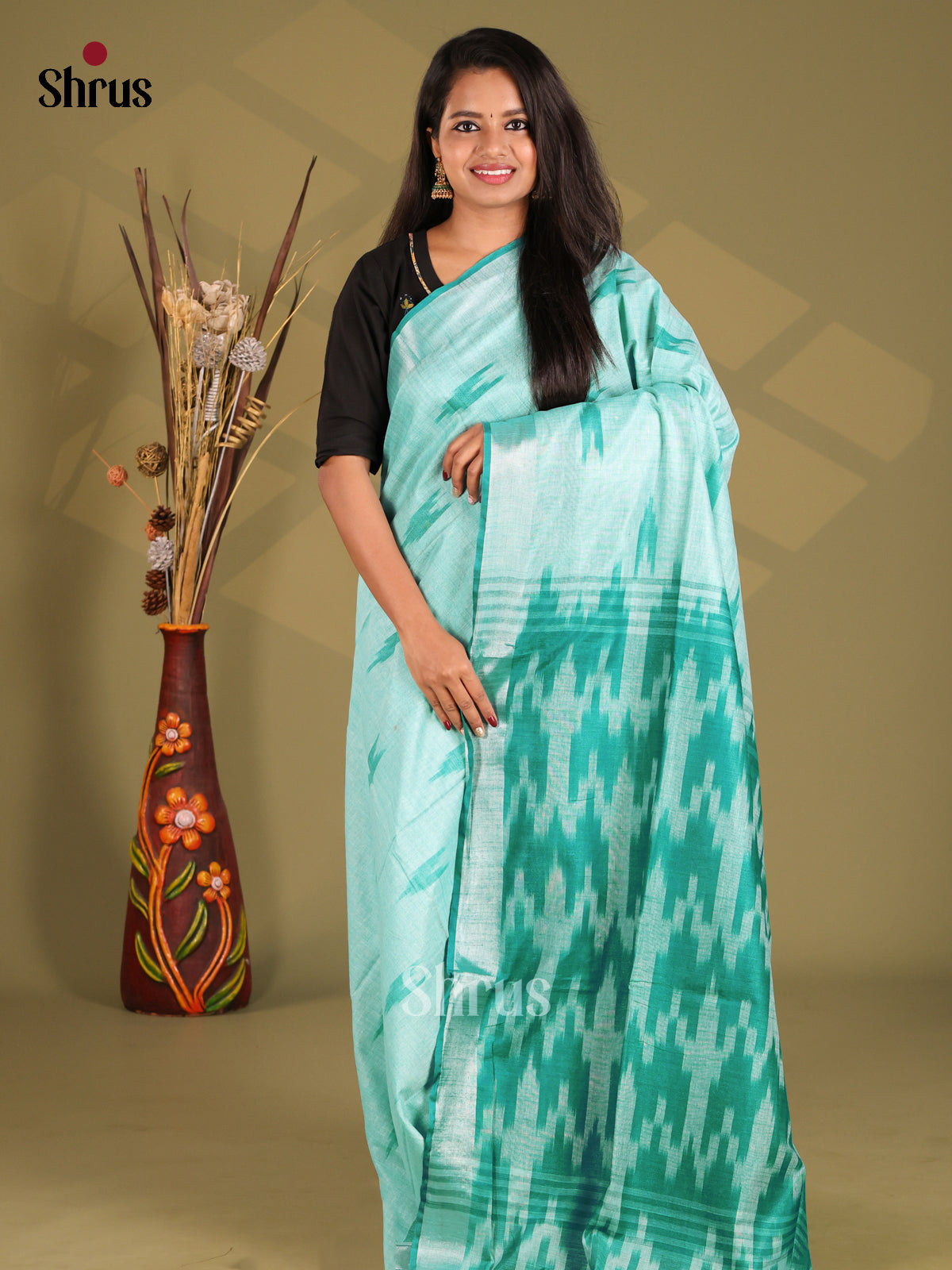 Pastel blue & Green- Semi Ikkat Saree - Shop on Shrus.com