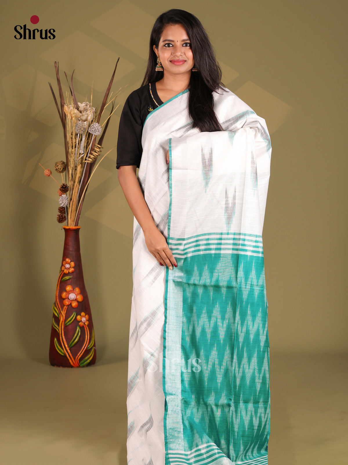 White & Green- Semi Ikkat Saree - Shop on Shrus.com