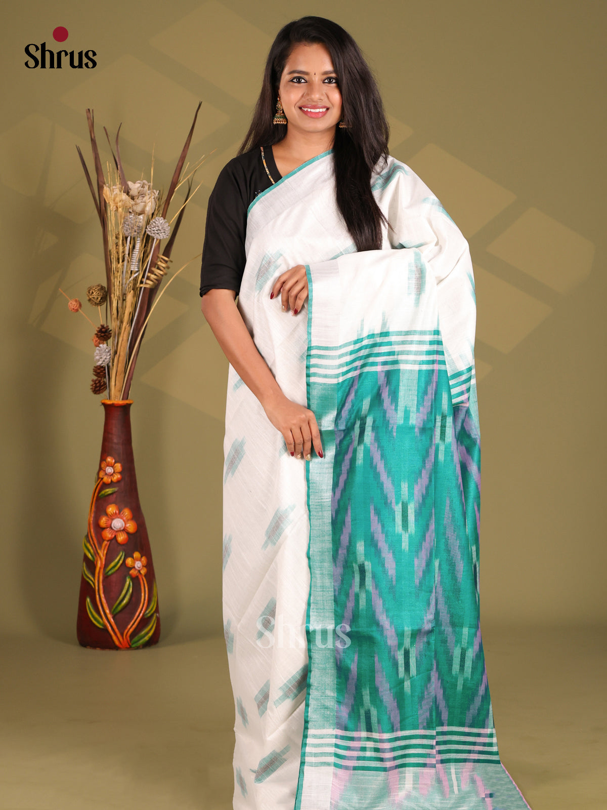 White & Green - Semi Ikkat Saree - Shop on Shrus.com