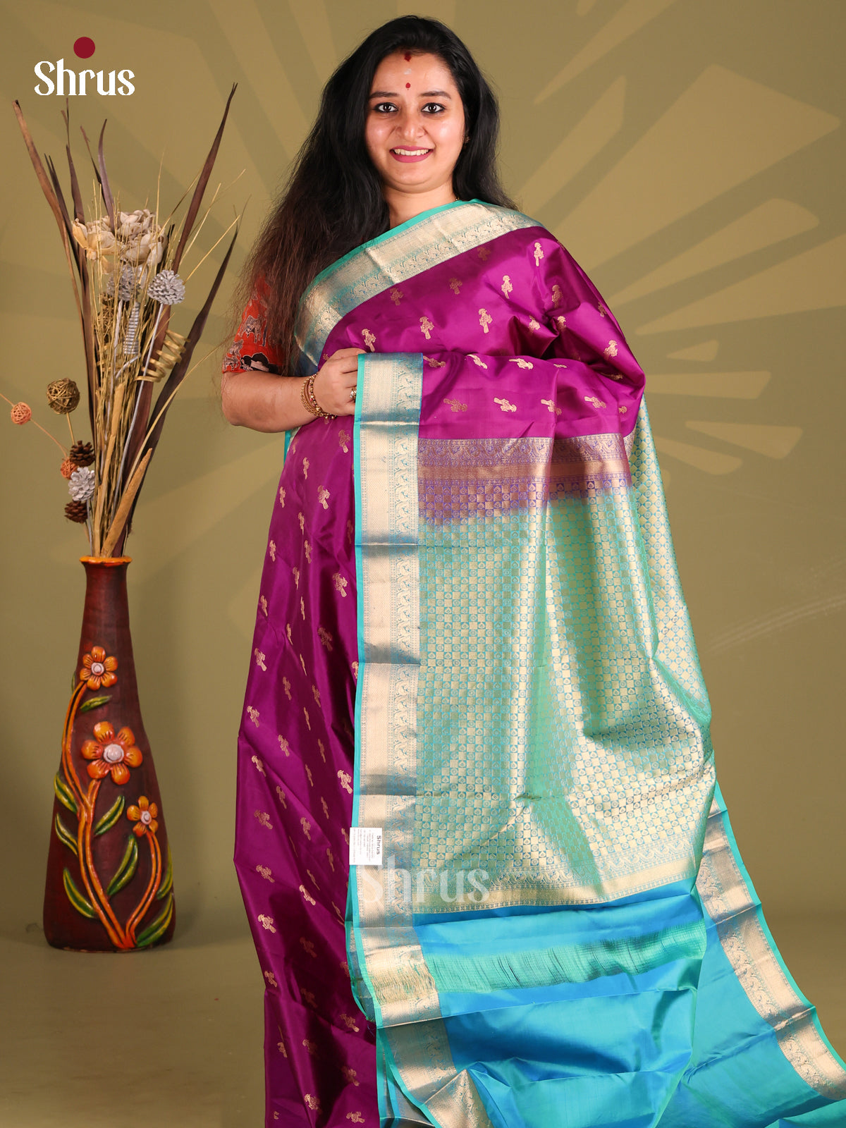 Radiant Purple & Blue Kanchipuram silk Saree with traditional zari border