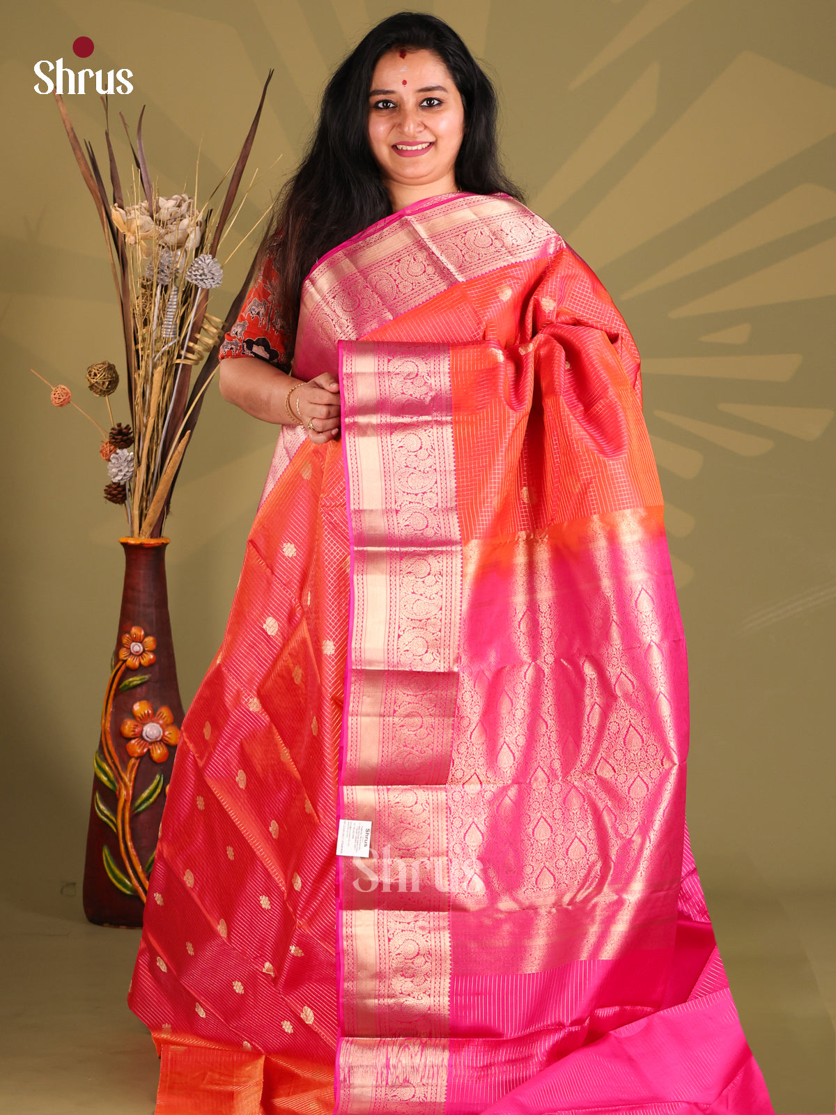 Radiant orange Kanchipuram silk Saree with zari vaira oosi checks , peacock buttas, rich border-1