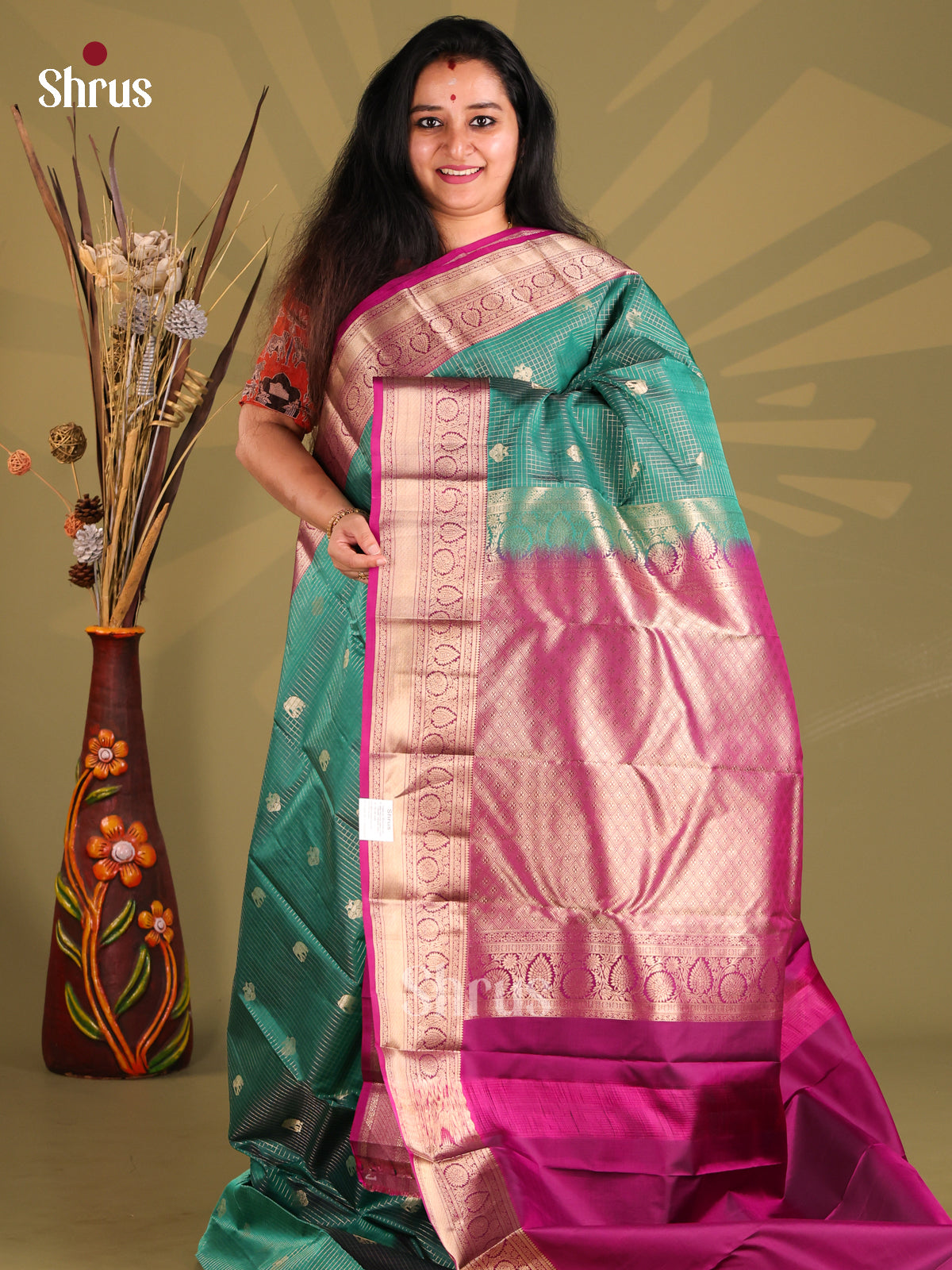 Green & Purple Kanchipuram silk Saree with vaira oosi checks, elephant buttas-1
