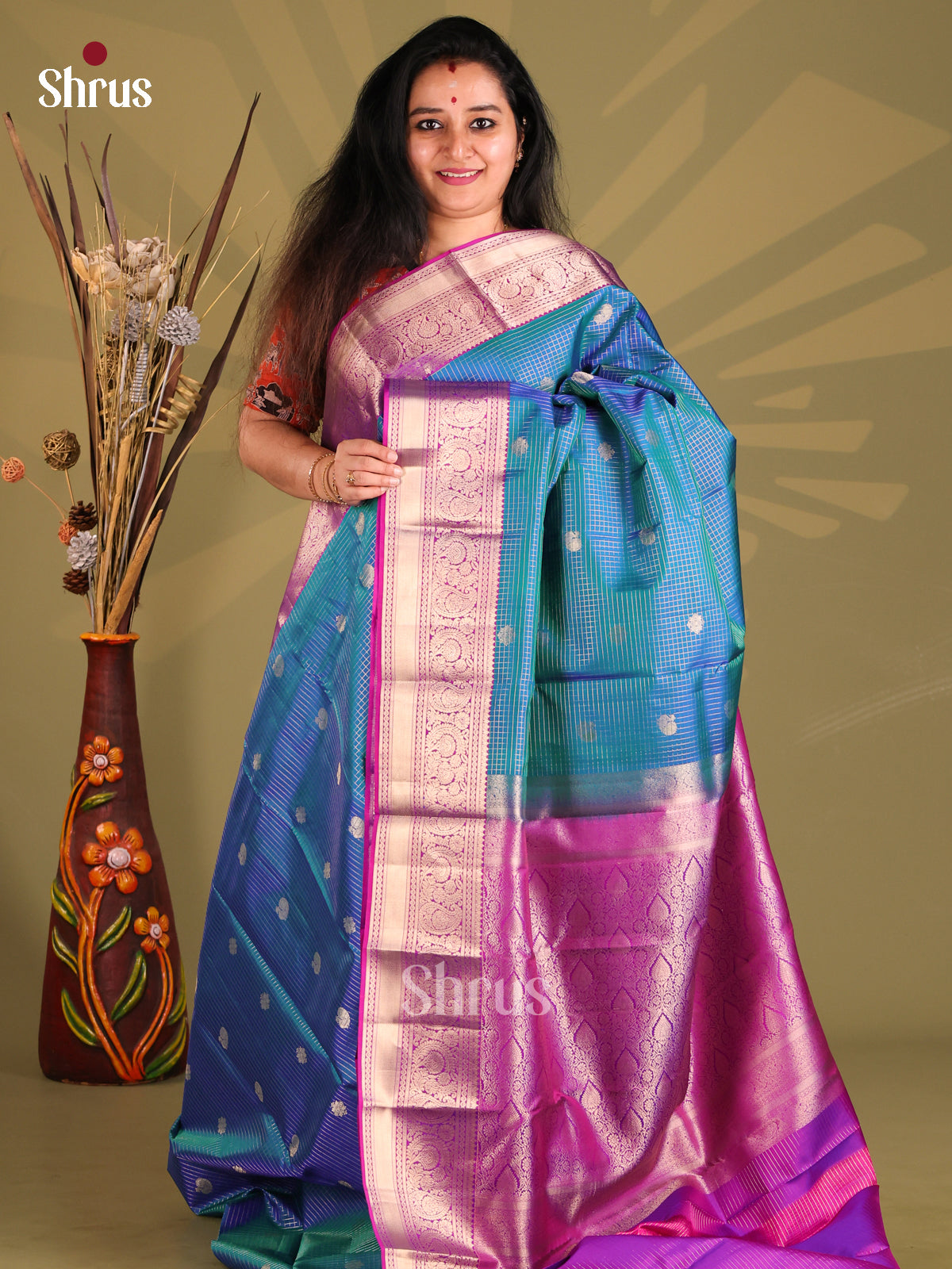 Blue & Purple Kanchipuram silk Saree with vaira oosi checks & Peacock buttas-1