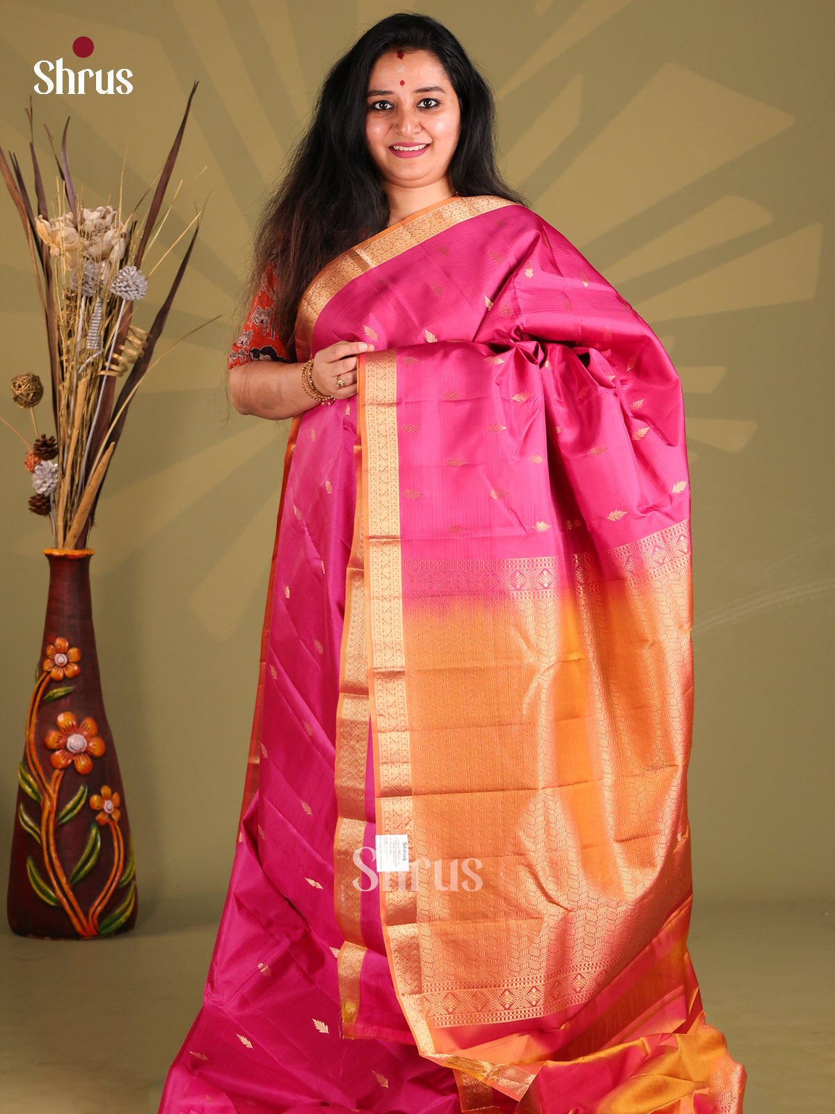 Pink & Brick Kanchipuram silk Saree with small floral vine zari border-1