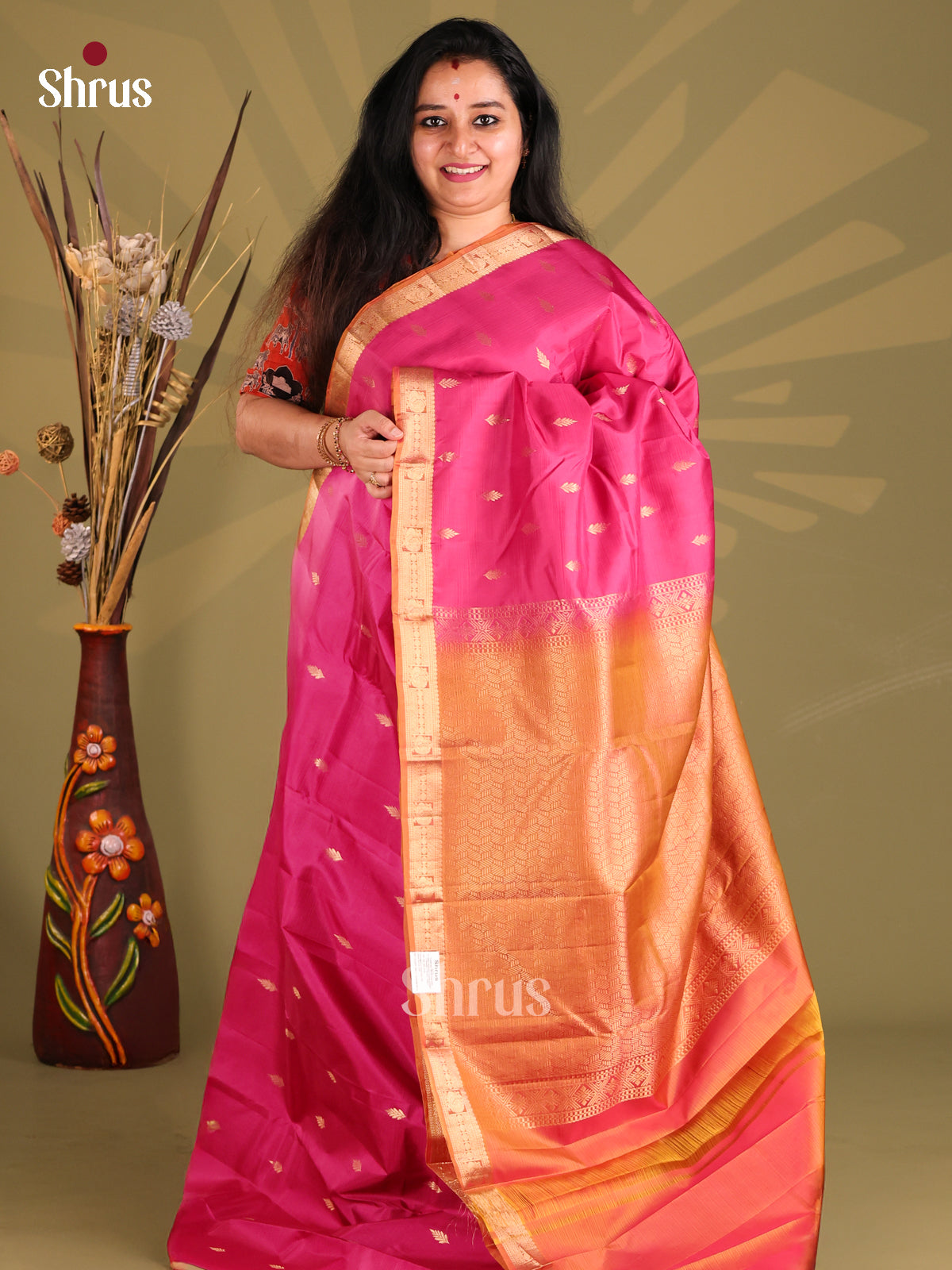 Pink & Brick Kanchipuram silk Saree with gold zari floral buttas-1