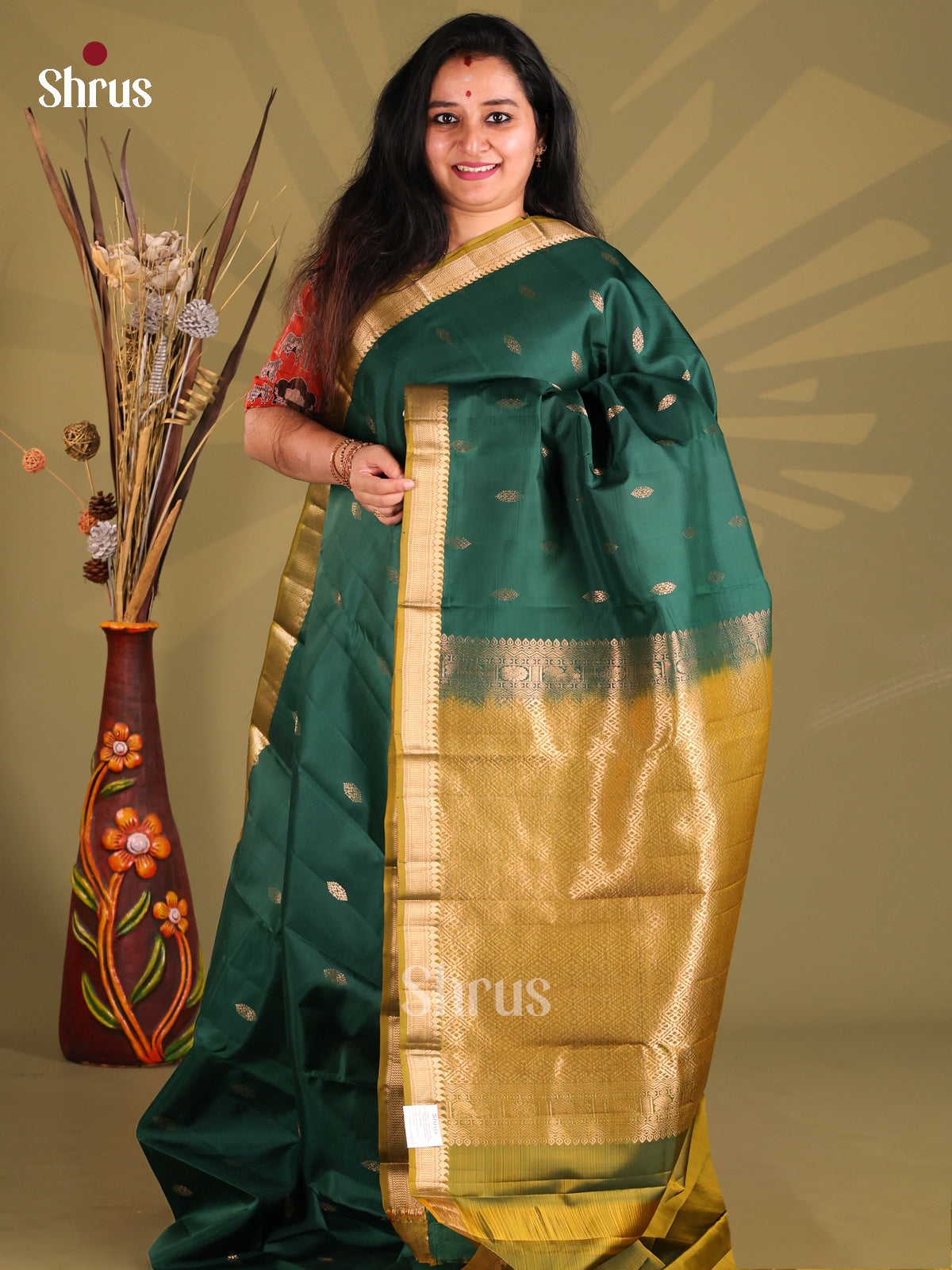 Bottle Green Kanchipuram silk Saree with gold zari floral buttas-1