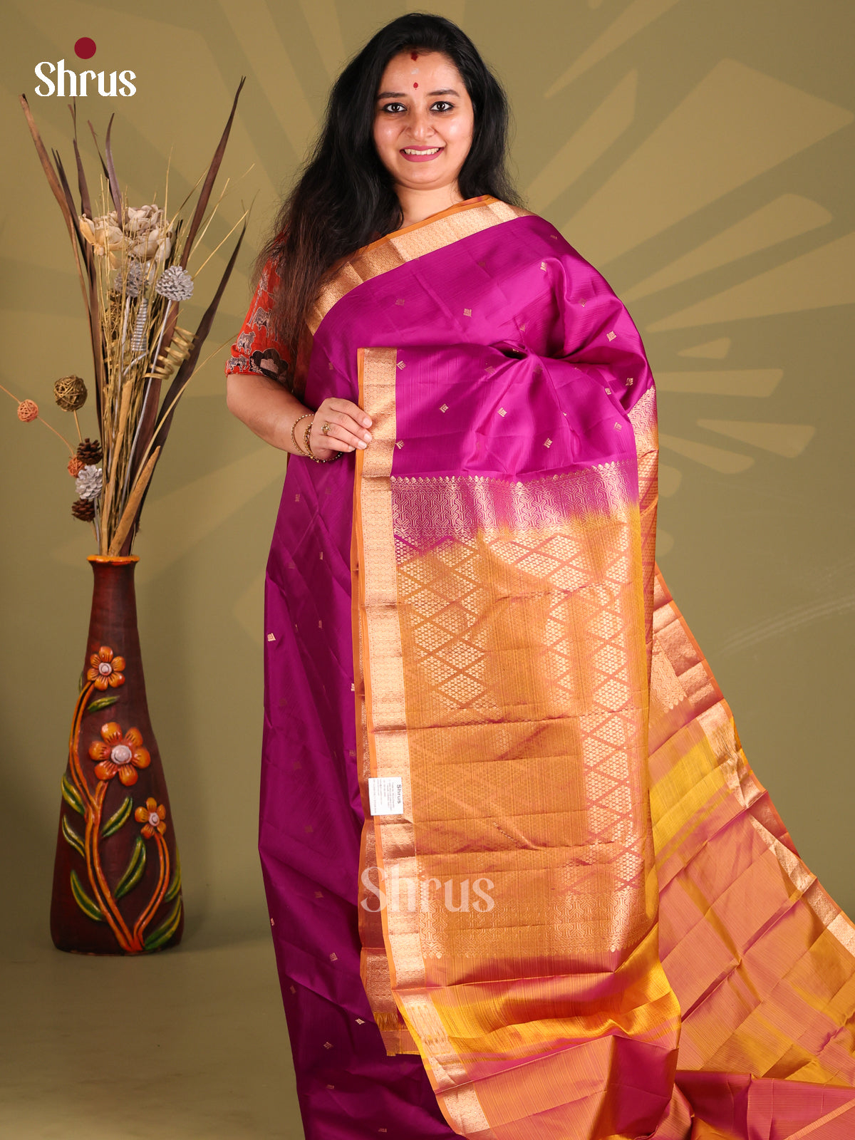 Purple & Mustard Kanchipuram silk Saree gleams with gold zari micro buttas-1