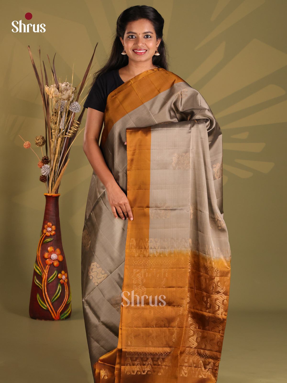 Chic Grey Softsilk-halfpure Saree with mustard brocade pallu