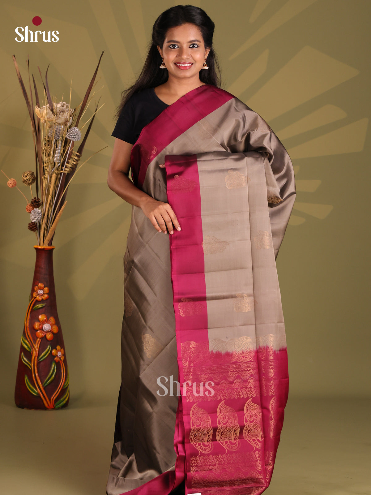 Beautiful Grey & Maroon Softsilk-halfpure Saree with Zari motifs