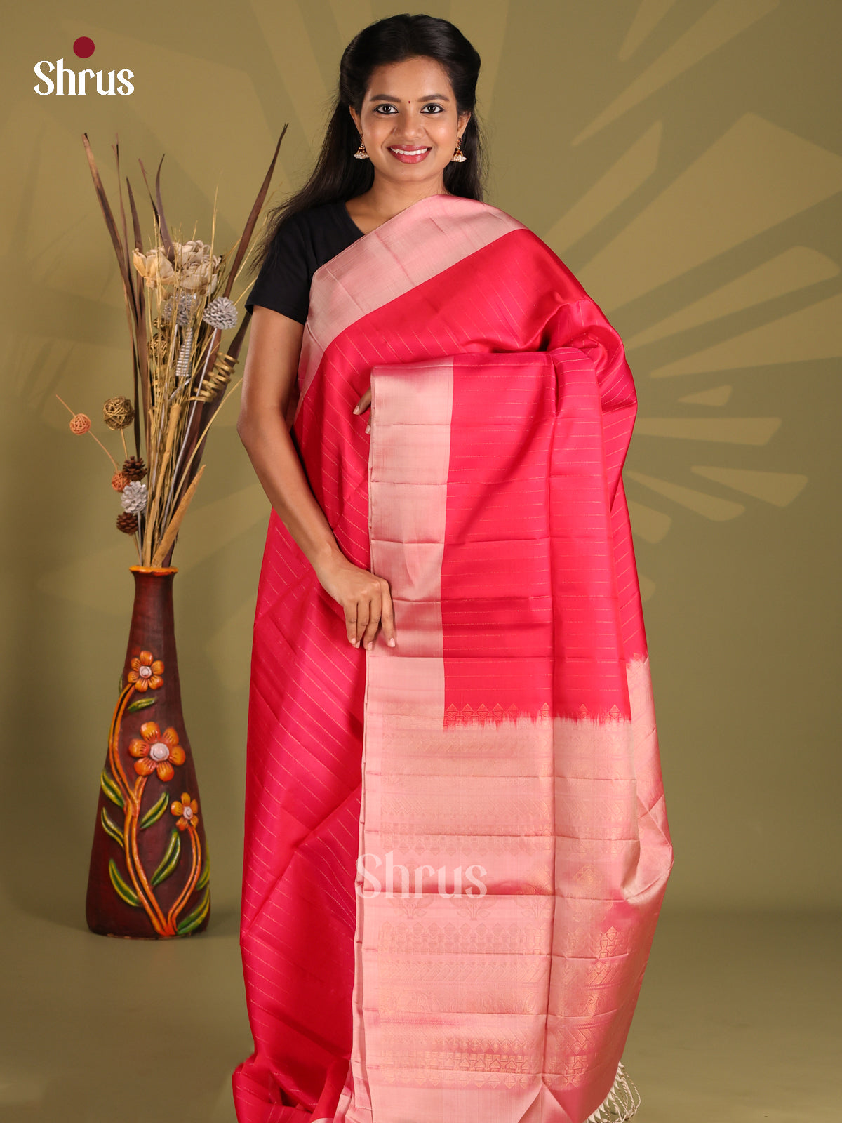 Stunning Red & Pink Softsilk-halfpure Saree with stripes pattern