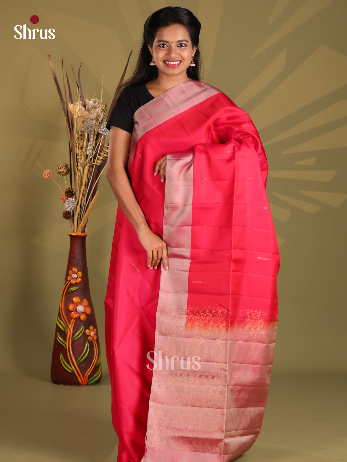 Charming Red & Dusty Pink Softsilk-halfpure Saree with zari buttas