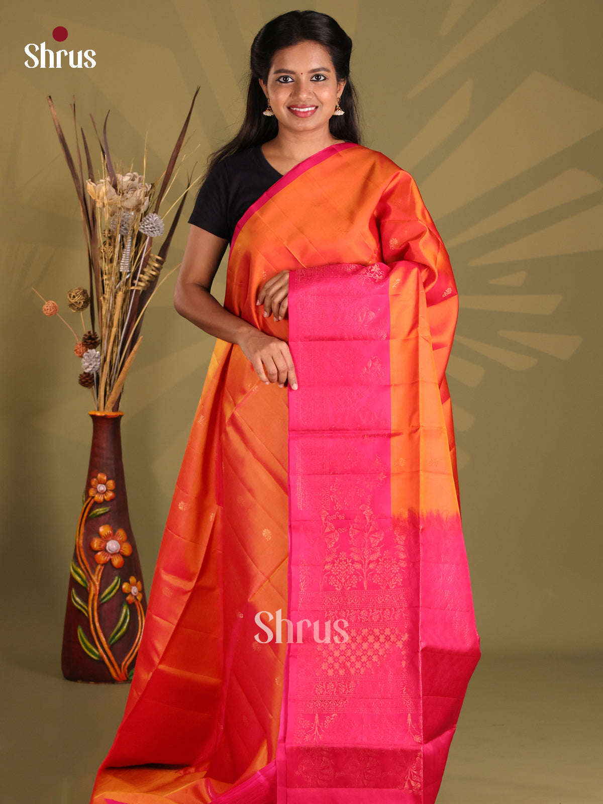 Orange & Pink Softsilk-halfpure Saree with zari buttas