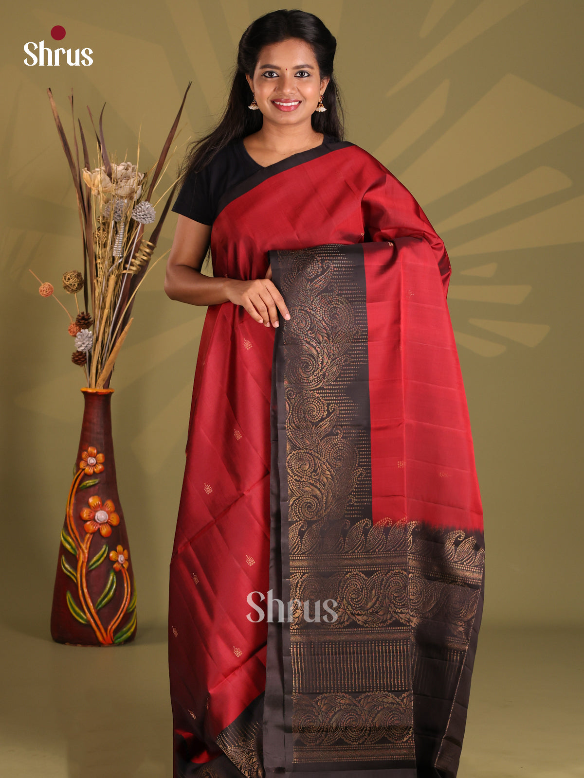 Classy Maroon Softsilk-halfpure Saree with contrast black zari woven border