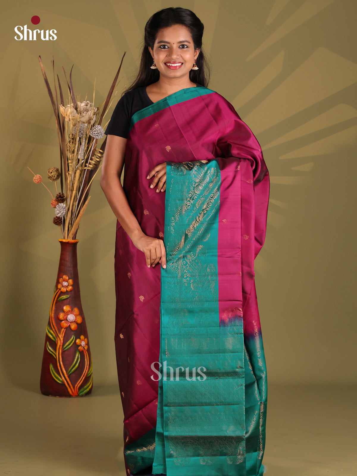 Classy Maroon & Green Softsilk-halfpure Saree with zari buttas